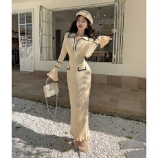 批发法式轻奢复古荷叶边针织<b class='q'>连衣裙</b>女秋冬新翻领<b class='q'>撞色</b>修身显瘦过膝长裙