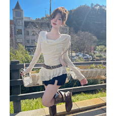 批发实拍废式风荡领蕾丝长袖T恤女早春<b class='q'>不规则</b>荷叶边掐腰法式绝美上衣