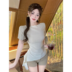 批发实拍<b class='q'>不规则</b>荷叶边下摆飘带短袖<b class='q'>针织衫</b>女夏季新款修身显瘦T恤上衣