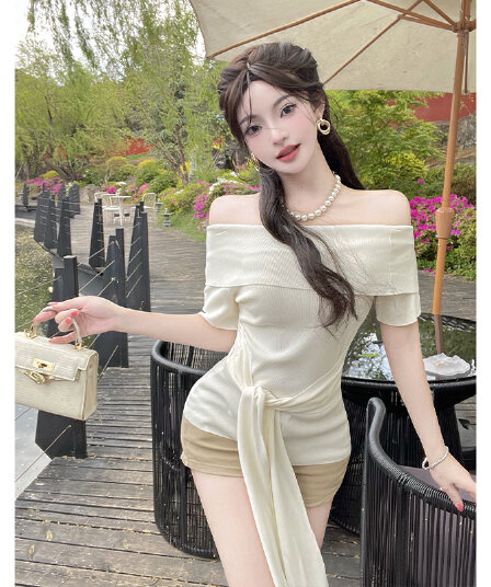 실사 순수한 욕망 바람 오프숄더 오프숄더 반팔 니트 스웨터 여성 여름 패션 품격 몸매 가꾸기 다용도 레이스업 맨위