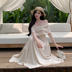 批发实拍法式温柔风紫色露肩上衣高腰<b class='q'>显瘦</b>半身长裙套装女夏季针织套装