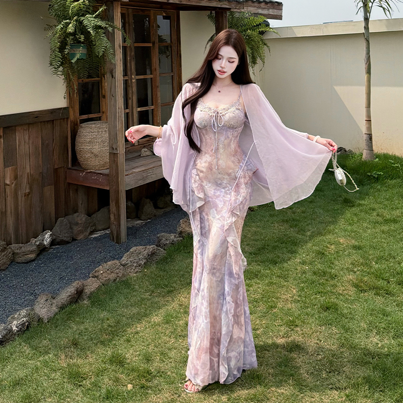실사 프랑스식 자수 패치워크 헤일로 염색 혼합 색상 꽃무늬 슬립 여성 드레스 여름 보라색 한 단어 오프숄더 길다 치마