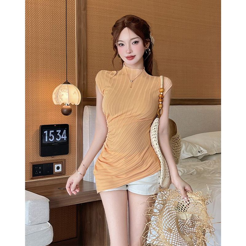 실사 프랑스식 작은 대중 디자인 센스 반하이넥 오프숄더 민소매 니트 스웨터 여성 여름 새로운 몸매 가꾸기 슬림해 보이는 맨위