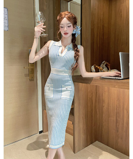 실사 여름 민소매 스트라이프 폴로 칼라 미니멀리즘 몸매 가꾸기 슬림해 보이는 니트 여성 드레스 명문 여성 품격 타이트 스커트 치마