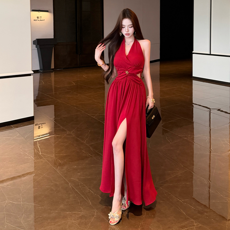 실사 매료 조기 여름 품격 핫걸 홀로우 아웃 허리 수축 행침 목 드레스 섹시함 V넥 빨간색 예복 치마