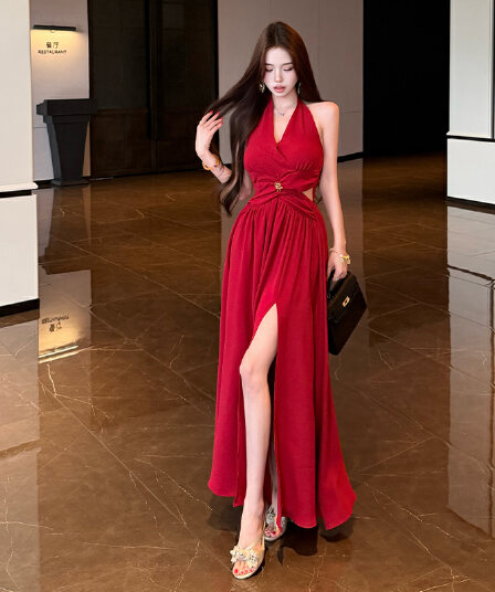실사 매료 조기 여름 품격 핫걸 홀로우 아웃 허리 수축 행침 목 드레스 섹시함 V넥 빨간색 예복 치마