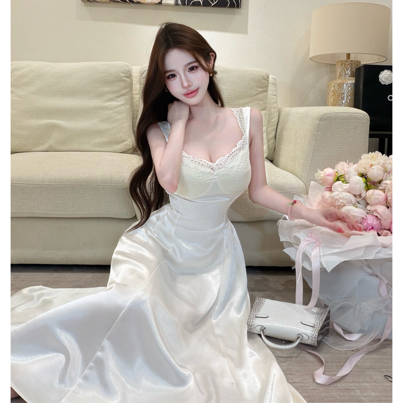 실사 우아함 품격 광장 칼라 레이스 레이스 패치워크 슬립 여성 드레스 여름 허리 수축 슬림해 보이는 한 마디 롱 스커트