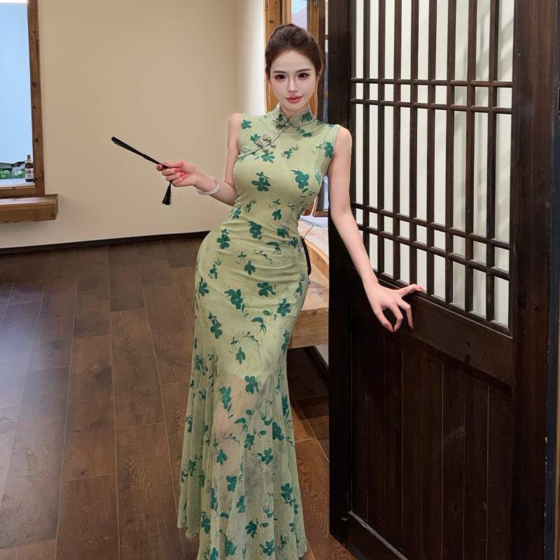 실사 새로운 중식 국풍 단추 식물 플러시 3 차원 꽃 망사 치파오 여성 드레스 여름 단계별 건강 연꽃 인어 꼬리 스커트