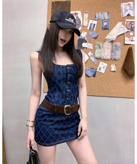 실사 파란색 체크무늬 데님 슬립 여성 드레스 여름 작은 키 섹시함 순수한 욕망 아름다운 몸매 가꾸기 타이트 스커트 미니 스커트