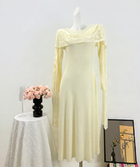 실사 부드러운 바람 우아함 품격 리본 니트 여성 드레스 가을 겨울 새로운 허리 수축 슬림해 보이는 아름다운 길다 치마