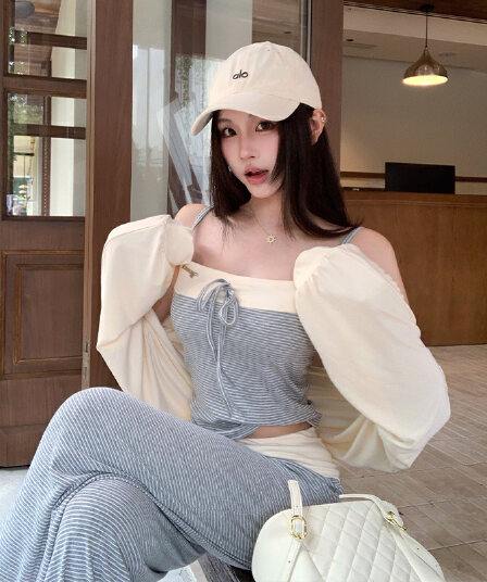 한 부서 느긋한 chic 세트 느슨함 센스 긴팔 오픈 가디건 슬립 하이웨이스트 와이드 레그 팬츠 캐주얼 세 조각 여성 세트 이른 가을