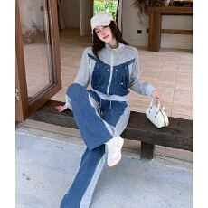 批发实拍复古拼接立领牛仔开衫上衣+高腰<b class='q'>长裤</b>时尚气质套装<b class='q'>女</b>秋季新款