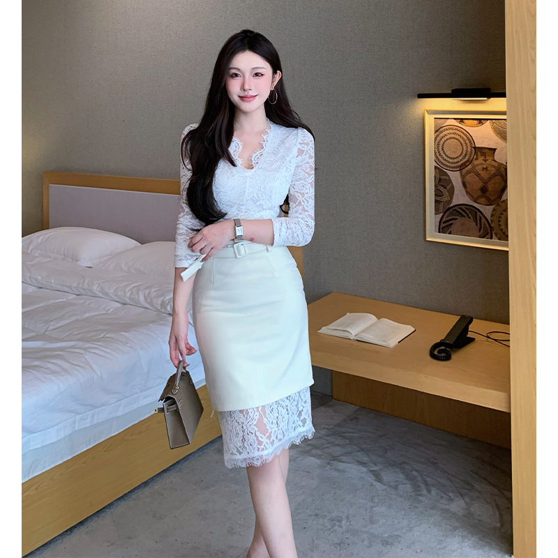 法式优雅轻奢白月光气质长袖蕾丝上衣高腰包臀半身裙套装女秋 服裝批發女裝批發服飾貨源