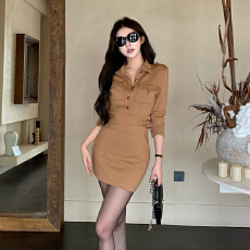 批发实拍复古金属扣腰带装饰中袖连衣裙女秋<b class='q'>冬</b>新款美拉德气质包臀裙子