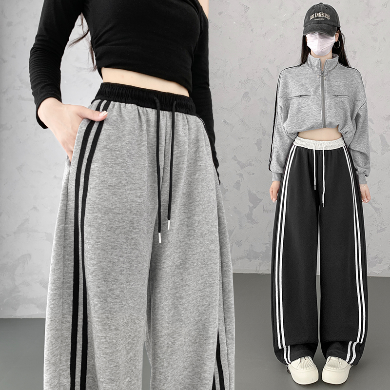 实拍美式弯刀裤女撞色高腰宽松侧条纹休闲长裤慵懒风显瘦阔腿卫裤