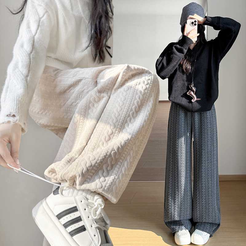 实拍雪尼尔麻花阔腿裤女秋冬高腰束脚休闲运动裤慵懒风直筒遛弯裤