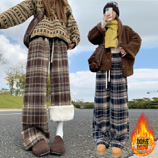 批发实拍毛呢格子裤女秋冬2025年新款高腰垂感休闲复古直筒加绒阔腿裤