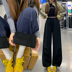 批发实拍2025美式刺绣工装藏青色加绒加厚束脚两穿保暖休闲运动长裤