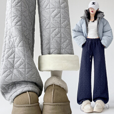 批发实拍加厚保暖菱格棉裤女秋冬新款设计感两穿阔腿裤高腰直筒<b class='q'>休闲</b>裤