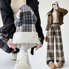 批发实拍撞色加绒加厚毛呢格子阔腿裤女冬季慵懒风高腰垂感毛呢<b class='q'>休闲</b>裤