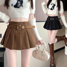 批发实拍2025秋冬麂皮双层腰头显瘦百搭辣妹防走光A字百褶半身裙女