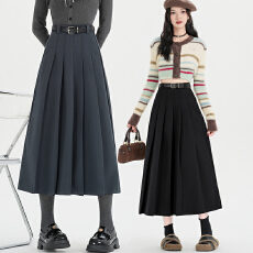 批发实拍2025深灰秋冬优质毛呢百褶中长百搭秋冬保暖A字半身裙送腰带