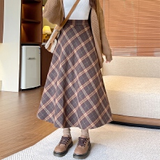 批发实拍2025秋冬毛呢咖色百搭口袋款A字大摆中长裙半身裙女