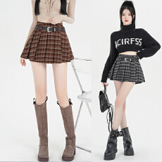 批发实拍2025秋冬高腰显瘦百搭时尚安全裤格子半身裙百褶裙裙子