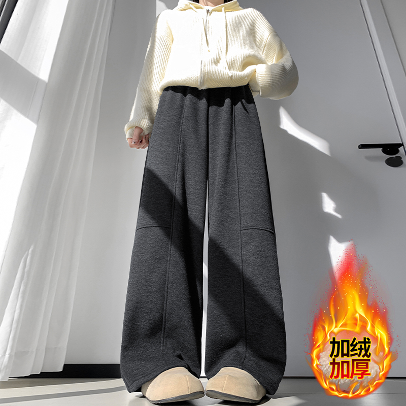 实拍羚羊绒阔腿裤女秋冬新款高腰加绒加厚休闲长裤窄版运动弯刀裤