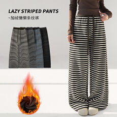 批发实拍2025<b class='q'>秋</b>冬加绒加厚美式宽松拼接条纹休闲针织阔腿长裤女