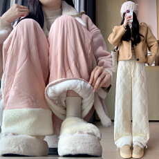 批发实拍2025加厚下雪保暖棉裤两穿挡风窄版粉色松紧腰<b class='q'>韩版</b>休闲长裤女