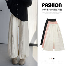 批发实拍防风绗缝格子阔腿裤女秋冬加绒加厚宽松两穿束脚显瘦休闲棉裤