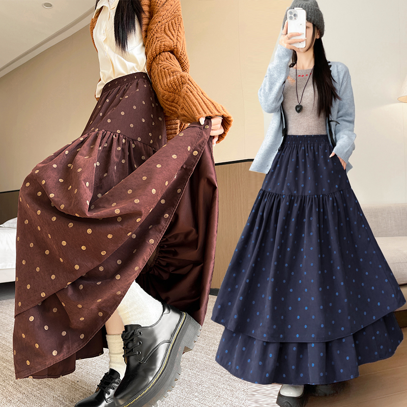 实拍秋冬多层点点氛围感A字公主裙百搭显瘦法式中长裙半身裙女