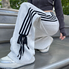 批发实拍2026春季新款蝴蝶结装饰显瘦减龄运动休闲<b class='q'>高腰</b>阔腿卫裤女长裤