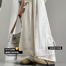 批发实拍2026春季杏色花边蕾丝高级显瘦减龄松紧腰休闲裤阔腿裤女