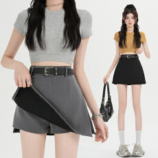 批发实拍2026春夏灰色侧边开叉<b class='q'>西装</b>裙裤高腰显瘦包臀a字半身裙短裙女