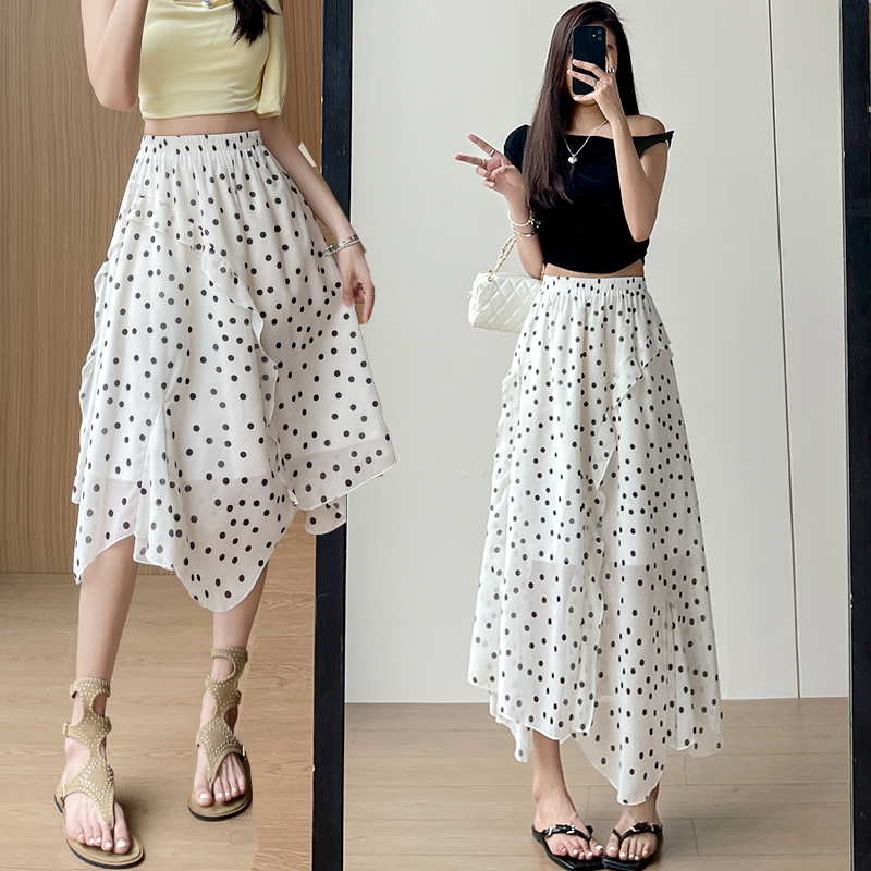 실사 여름 한국 스타일 도트 무늬 배 모양 몸 여성의 아파트 꿀 로드 중 루즈핏 빅 사이즈 슬림해 보이는 쉬폰 표지 넓적 다리 중간 길이 스커트