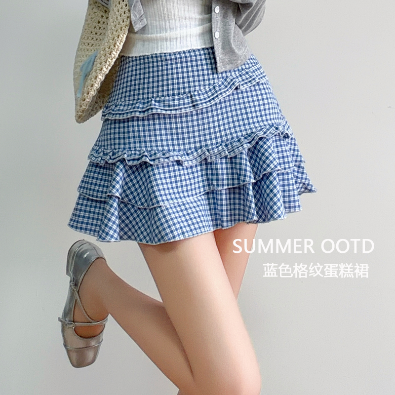 실사 파란색 체크무늬 반신 스커트 여름 핫걸 얇은 스타일 품격 슬림해 보이는 한 마디 미니 스커트 작은 키 케이크 드레스
