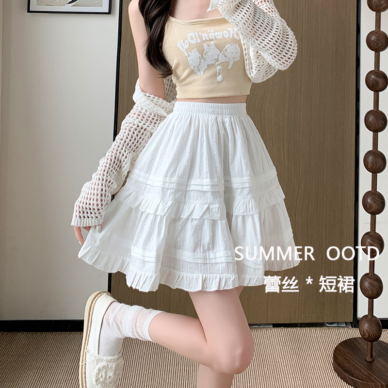 2026 실사 레이스 화이트 미니 스커트 봄 여름 새로운 발레 바람 공주 케이크 하이웨이스트 한 마디 퍼프 반신 스커트