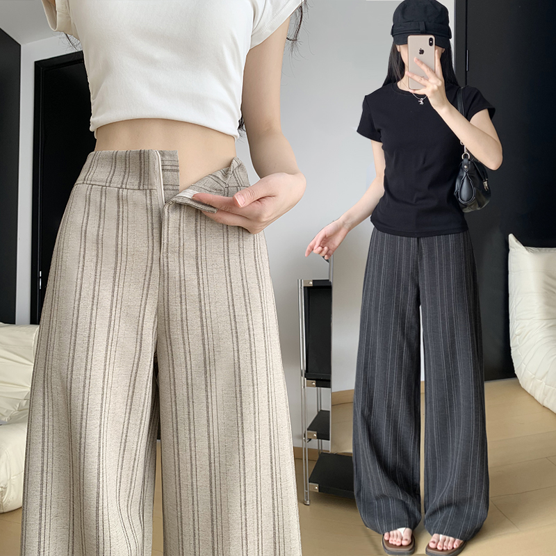 실사 2026 여름 레트로 스트라이프 와이드 레그 팬츠 작은 키 루즈핏 다용도 오래된 돈 바람 한국 스타일 좁은 에디션 캐주얼 바지