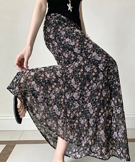 실사 분위기 센스 쉬폰 꽃무늬 스트레이트 반신 스커트 여성 여름 새로운 프린트 해변가 타이트 스커트 인어 꼬리 롱 스커트