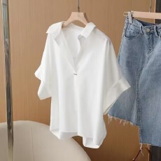 批发短袖衬衫女2025夏新款蝙蝠袖宽松百搭衬衣显瘦套头<b class='q'>雪纺</b>遮肚子上衣