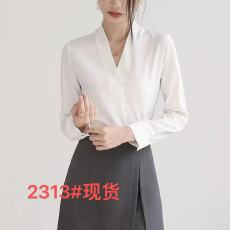 批发无领白衬衫女薄款工作服上衣春秋高级感气质雪纺v领职业长袖衬衣