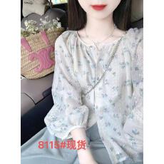 批发碎花泡泡袖雪纺蕾丝娃娃衫上衣女春秋2025薄款设计感小众圆领<b class='q'>衬衫</b>