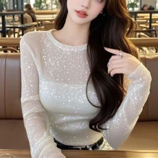 批发法式御姐风细闪圆领网纱打底衫女轻奢气质千金感修身显瘦内搭上衣