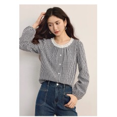 批发法式格子<b class='q'>衬衫</b>女长袖2025秋季新款文艺复古<b class='q'>蕾丝</b>花边圆领上衣