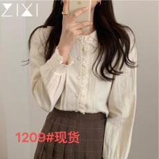 批发法式花边娃娃领衬衣女秋季新款设计感小众别致上衣杏色长袖衬衫仙