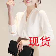批发网图 2026春季新款韩版百搭V领长袖气质显瘦女雪纺衬衫上衣