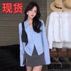 批发设计感小众收腰<b class='q'>衬衣</b>蓝色<b class='q'>衬衫</b>女春秋2026新款法式掐腰辣妹短款上衣