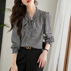 批发千鸟格蝴蝶结雪纺衬衫女秋款2026新款时尚<b class='q'>轻熟</b>气质长袖小衫